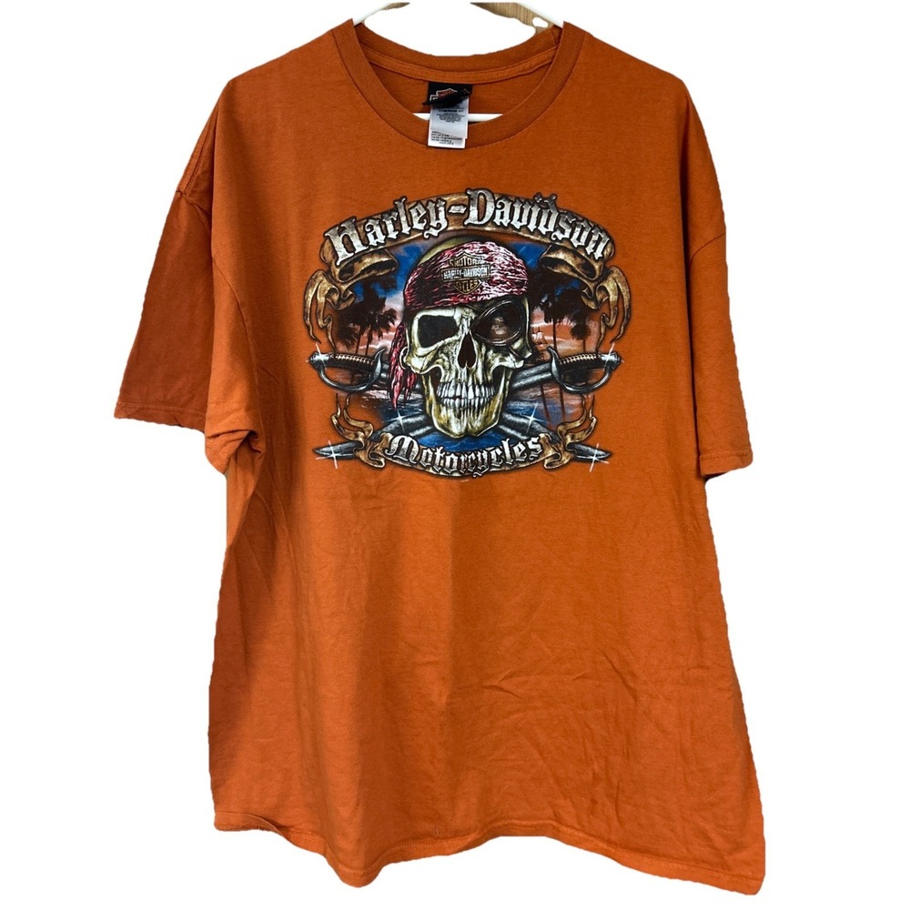 Harley-Davidson Orlando Florida Skull Graphic T-Shirt Men's 2XL Orange